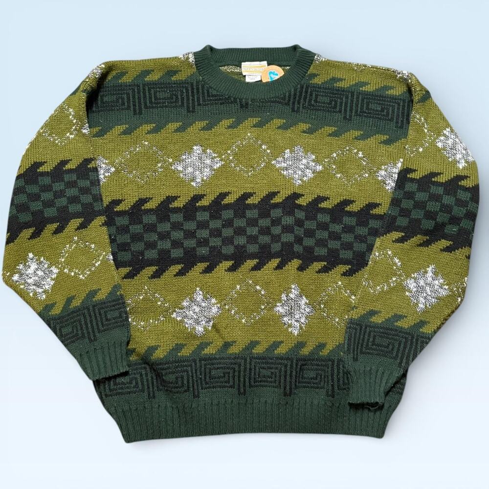 Vintage Adam Sloane Sweater Mens Large Green Geometric Knit Pullover USA 90s